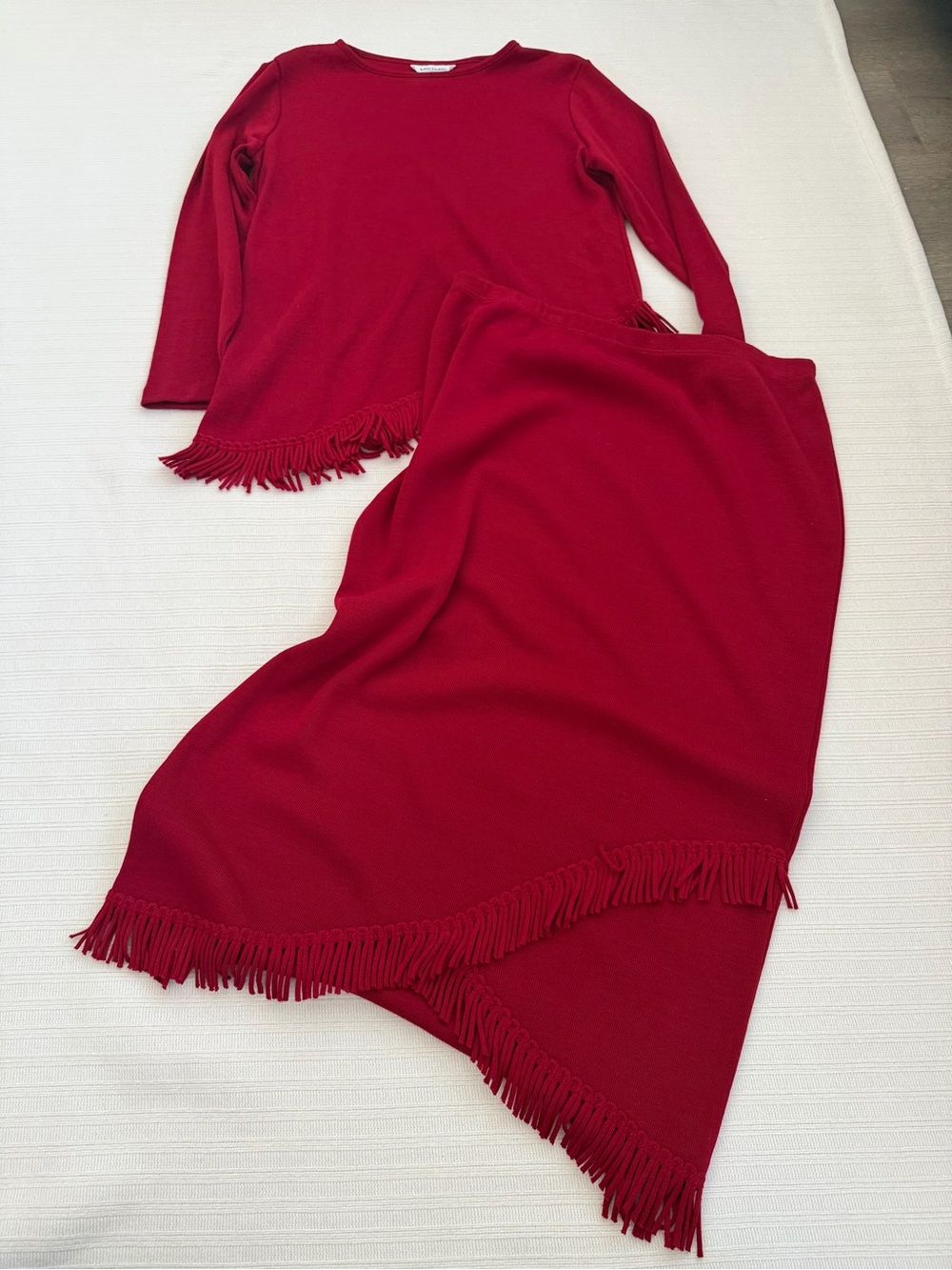 Miss Dorby VTG Red Fringed Knit Matching Set Asymmetric Sweater Midi Skirt L